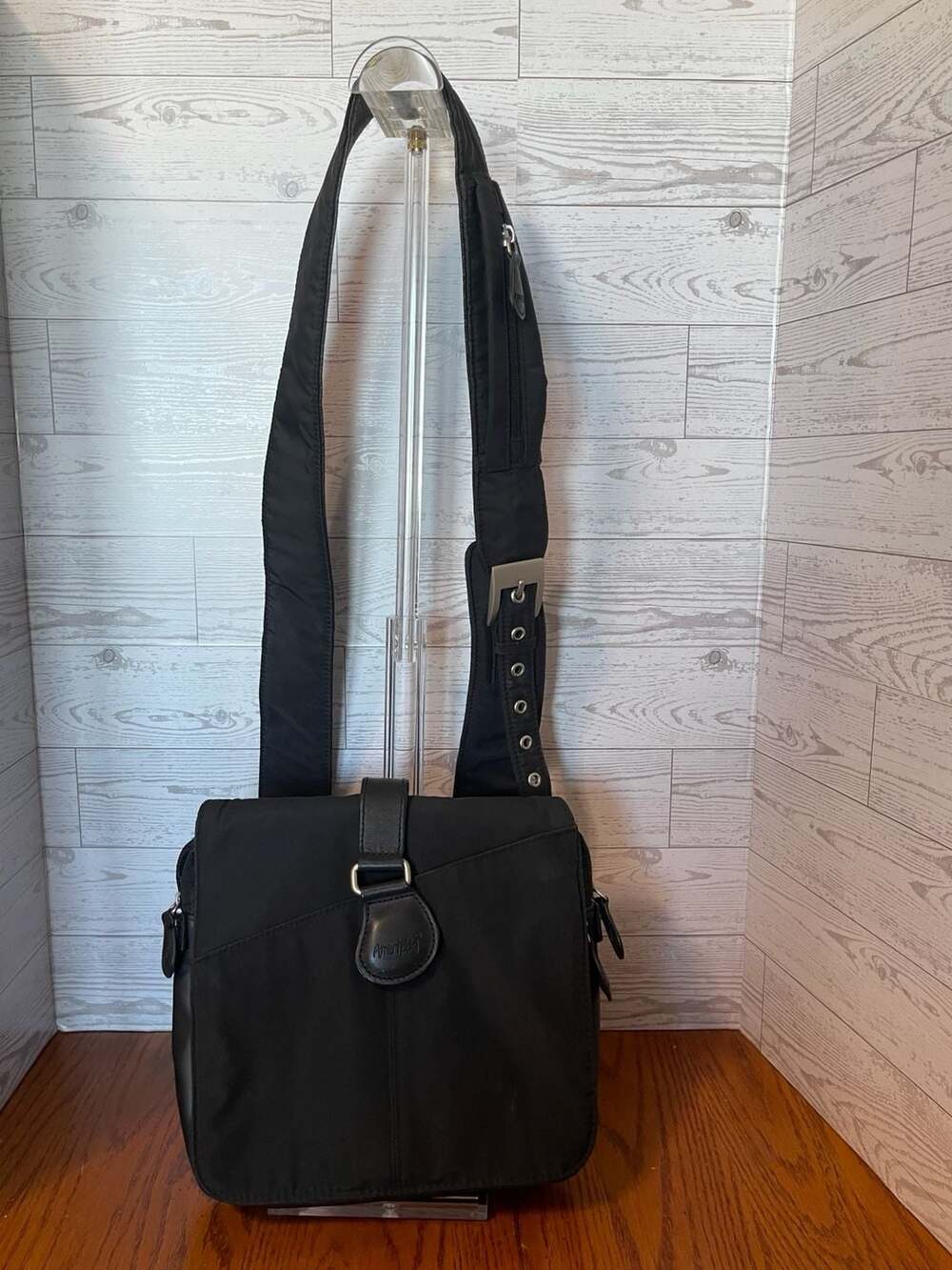 AmeriBag Black Nylon Multi-Pocket Messenger Crossbody Bag with Buckle Detail
